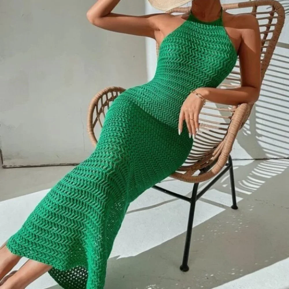 Boho  Beachy Backless Halter tie Maxi Dress Green - Picture 2 of 6